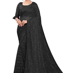 Women's Bollywood Inspired Embroidered Net Saree with Unstitched Blouse Piece – Stylish Ethnic for Special Events (Black)