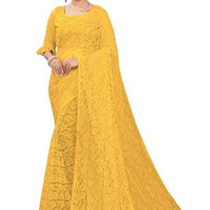 Women's Net Saree with Embroidered Detailing & Unstitched Blouse Piece – Ethnic Glamour for Special Celebrations (Yellow)