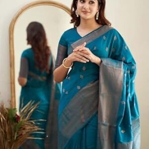 Yashika Women's Banarasi Kanjivaram Cotton Silk Jaquard Saree Printed Saree With Unstitched Blouse Material - Suitable For All Indian Occasions and Festivals