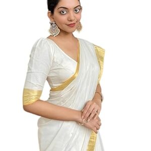 Yashika Women's Trendy Cotton Silk Saree with Blouse Material|| Pongal Special South Indian kerala Saree With Blouse Piece||(AZ-YS-OG-PONGAL ONAM WHITE)