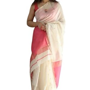 Women's Pure Spun Linen Cotton Lichi Silk Saree With Attach Unstitch Blouse Piece