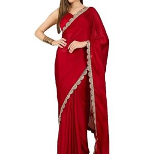 RAJESHWAR FASHION WITH RF Women's Satin Chiffon Sequence Work Embroidery Lace Border Plain Solid Saree