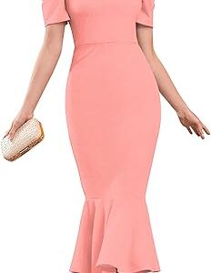 YAGNAPURUSH Women's Lycra Blend Sweet-Heart Neck Puff Sleeve Fit and Flared Calf Length Casual Bodycon Dress for Party, Office, Meetings Etc.