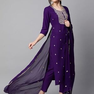 GoSriKi Women's Cotton Blend Embroidered Straight Kurta with Pant & Dupatta