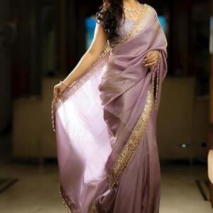 AKHILAM Women's Tissue Lace Work Saree with Unstitched Blouse Piece