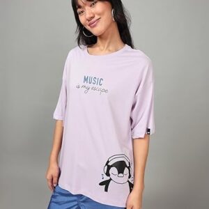 Bewakoof Women's Graphic Printed 100% Cotton T-Shirt - Oversized Fit, Round Neck, Half Sleeves