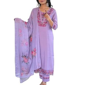 Naixa Women's BSY Viscose Embroidered Flared Kurta with Pant and Dupatta Sets (NX-655)