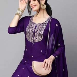 GoSriKi Women's Cotton Blend Embroidered Straight Kurta with Pant & Dupatta