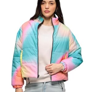 Souled Store Reversible Puffer: Floral Graffiti Women and Girls Long Sleeves Stand Collar Zipper Front Multicolor Polyester Puffer Jackets