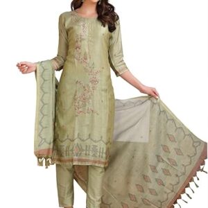 Green Silk Kantha work Kurta Set with Pant and Dupatta