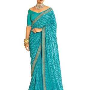 SIRIL Women's Bandhani Printed Embroidery Lace Georgette Saree with Unstitched Blouse Piece
