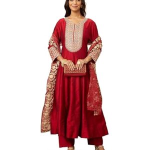 Amazon Brand - Myx Women's Solid Straight Embroidered Kurta Pant Set with Organza Dupatta