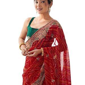 SIRIL Women's Georgette Bandhani Printed Sequence Embroidery Lace Saree With Unstitched Blouse Piece