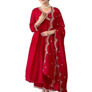 Naixa Women's Vichitra Silk Embroidered A-line Kurta with Pant and Dupatta Sets (NK-443)