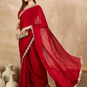 RAJESHWAR FASHION WITH RF Women's Satin Chiffon Sequence Work Embroidery Lace Border Plain Solid Saree