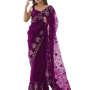 SAREE MALL Women's Teal blue Net Sequins Embellished Saree with Unstitched Blouse Piece (AAVYA4601_HV_Parent)