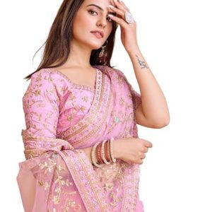 Ekasya Women Soft Net Peach Floral Pattern Embroidery Work Saree with Unstitched Blouse (E5559_4) - Elegant Design, Intricate Embroidery, Lightweight, perfect for Parties, and Special Occasions