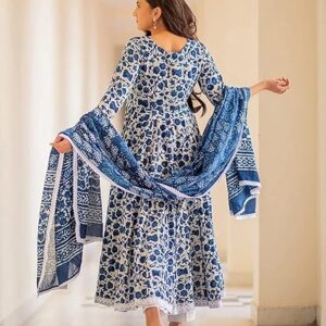 MEERA FAB Women's Cotton Printed Anarkali Kurta with Palazzo & Dupatta Set