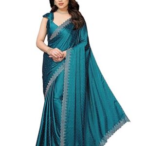 Yashika Women's Hot Fix Work and Solid Color Satin Moss Saree With Unstitched Blouse Material