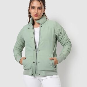 Campus Sutra Women's Pink Puffer Regular Fit Bomber Jacket For Winter Wear | Standing Collar | Full Sleeve | Buttoned | Casual Jacket For Woman & Girl | Western Stylish Jacket For Women