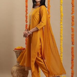 GoSriKi Women's Jagah Silk Blend Straight Embroidered Kurta with Pant & Dupatta