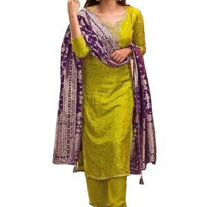 TRENDMALLS Women's Silk Embroidery Kurta Pant Set with Banarasi Dupatta