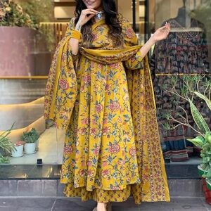 GoSriKi Women's Rayon Viscose Anarkali Printed Kurta with Palazzo & Dupatta