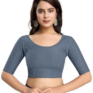 TRENDMALLS Women's Dobby Pure Cotton Elastin Stretchable Readymade Round Neck Elbow Length Sleeves Blouse Choli Stylish Saree Blouse Ready to Wear