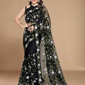 VAIRAGEE Women Black Soft Net Floral Embroidery Saree With Unstiched Blouse (6031)