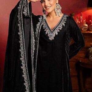 TRENDMALLS Women's Velvet Embroidery Salwar Suit Set A line Kurta Pant with Dupatta Black Kurta Set for Women