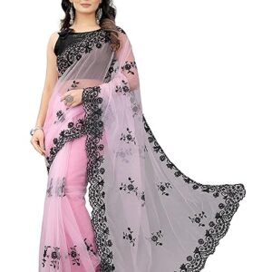 Women's Embroidered Work Net Fabric Saree With Unstitch Blouse Piece