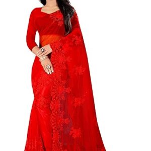 Women's Embroidered Work Net Saree With Unstitch Blouse Piece.