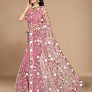 VAIRAGEE Women Soft Net Light Pink Floral Embroidery Saree With Unstiched Blouse (6031)