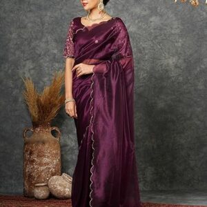 SIRIL Women's Shimmer Net Embroidery And Scalloped Border Saree With Unstitched Half Sleeve Blouse Piece