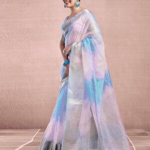 SIRIL Women's Organza Jacquard Stripe Saree With Unstitched Blouse Piece