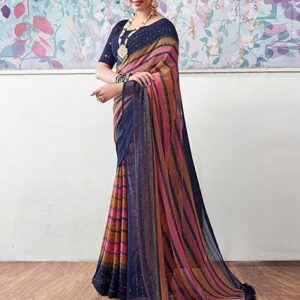 SIRIL Women's Georgette Printed Zari Stripe Saree With Unstitched Blouse Piece