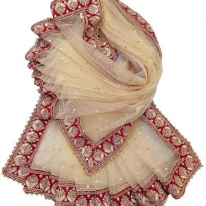 Wedding Bridal Women's Net Dupatta With Resham Embroidery Border (Full Stone work, Length -2.25m, Border Width -5.5cm, 4side moti lace)