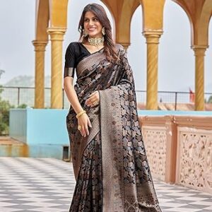 SWORNOF Womens Kanjivaram Silk Saree with Zari Woven Saree With Blouse Piece