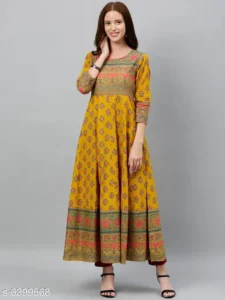 Women Cotton Flared Printed Mustard Kurti