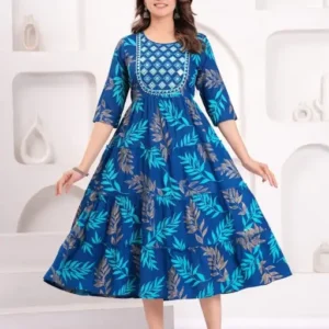 Trending Anarkali blue printed Embroidered round neck long gown |