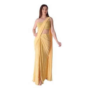 Fly By Rizwan Women's Heavy Georgette Style Ready To Wear one Minute Saree Gown (Light Yellow_M)